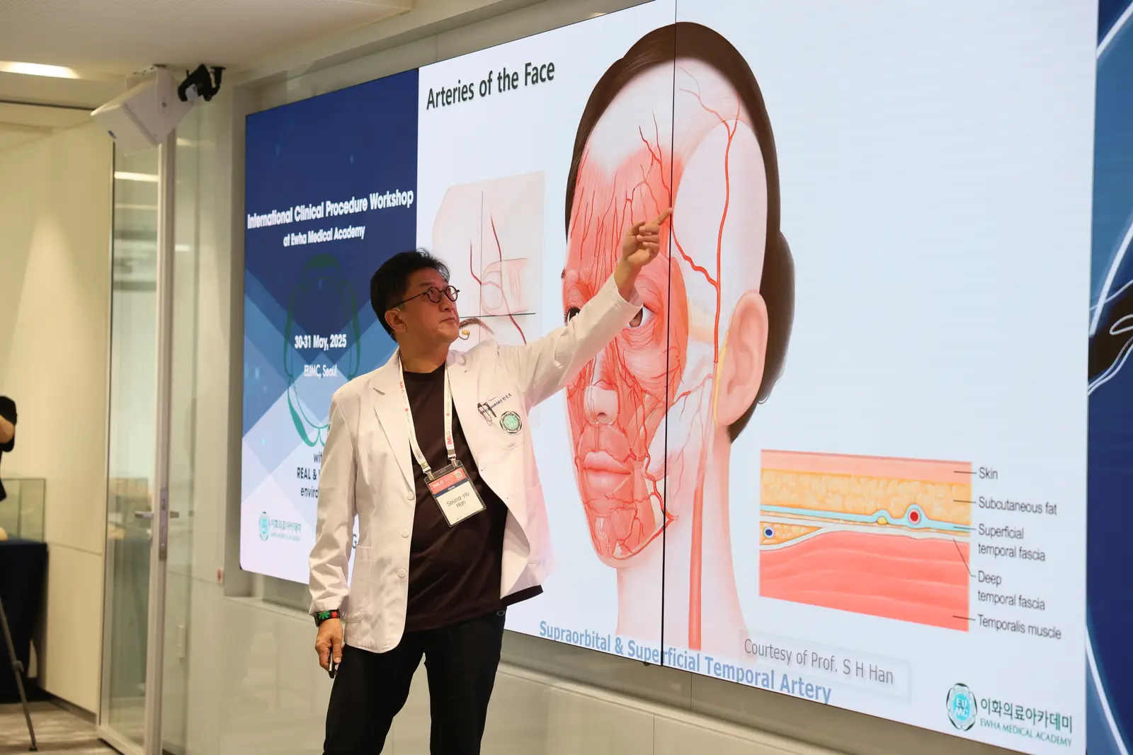 A speaker pointing through an anatomical chart of the facial arteries