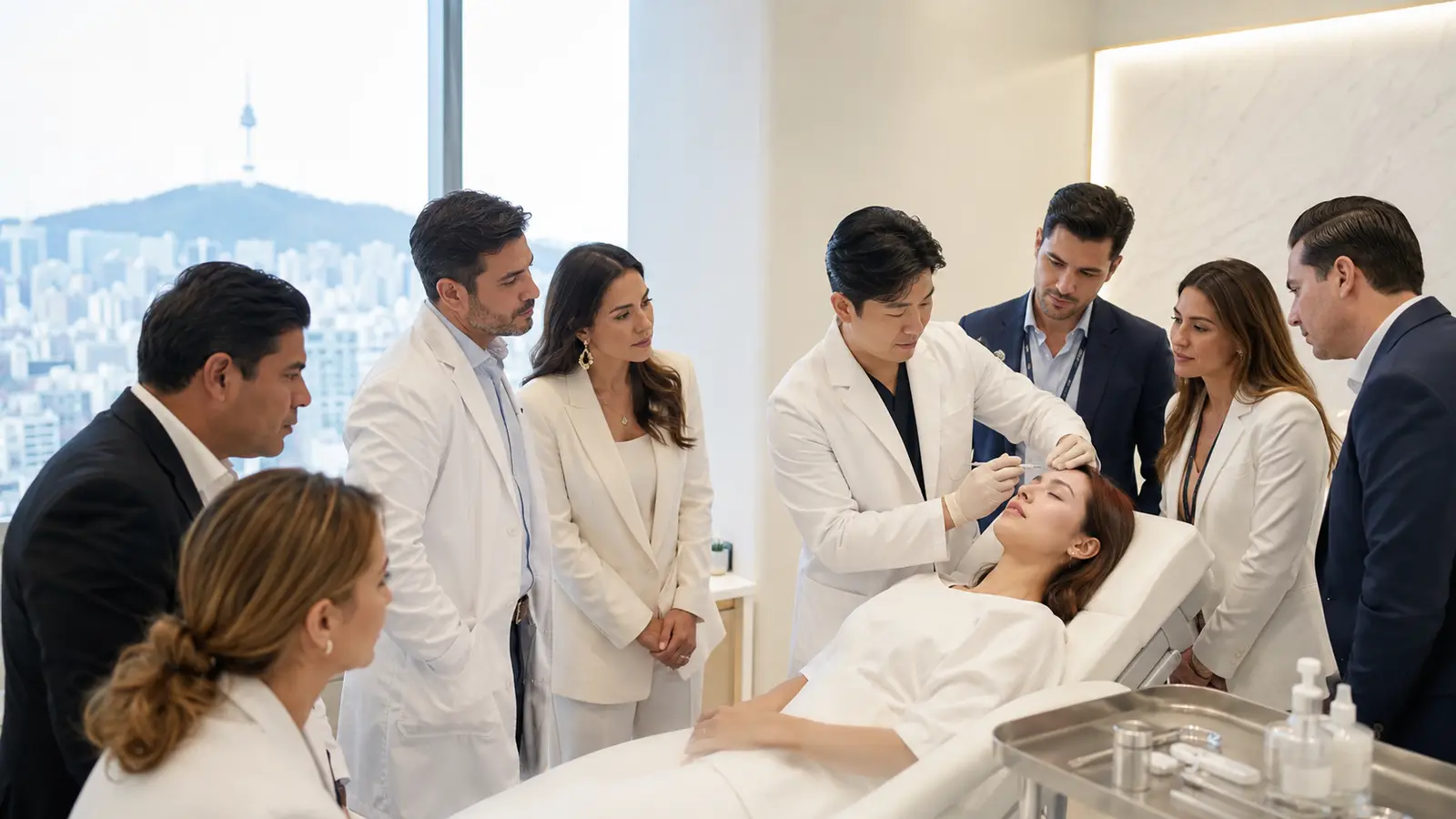 International participating physicians observing a procedure at close range in a Gangnam treatment room