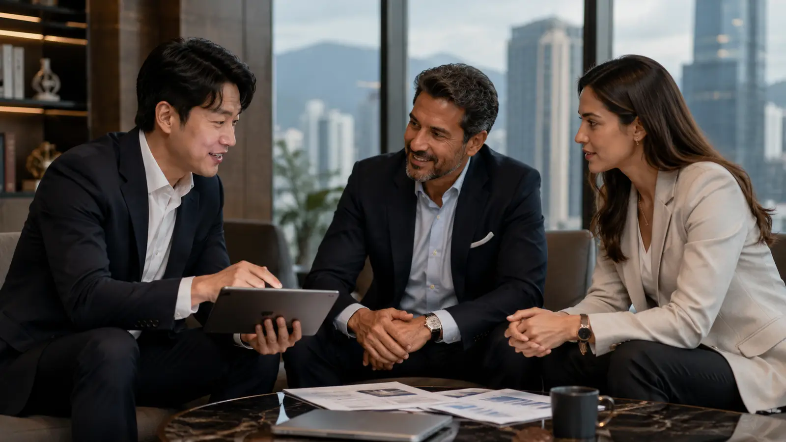 A participant in consultation in a meeting room overlooking Seoul
