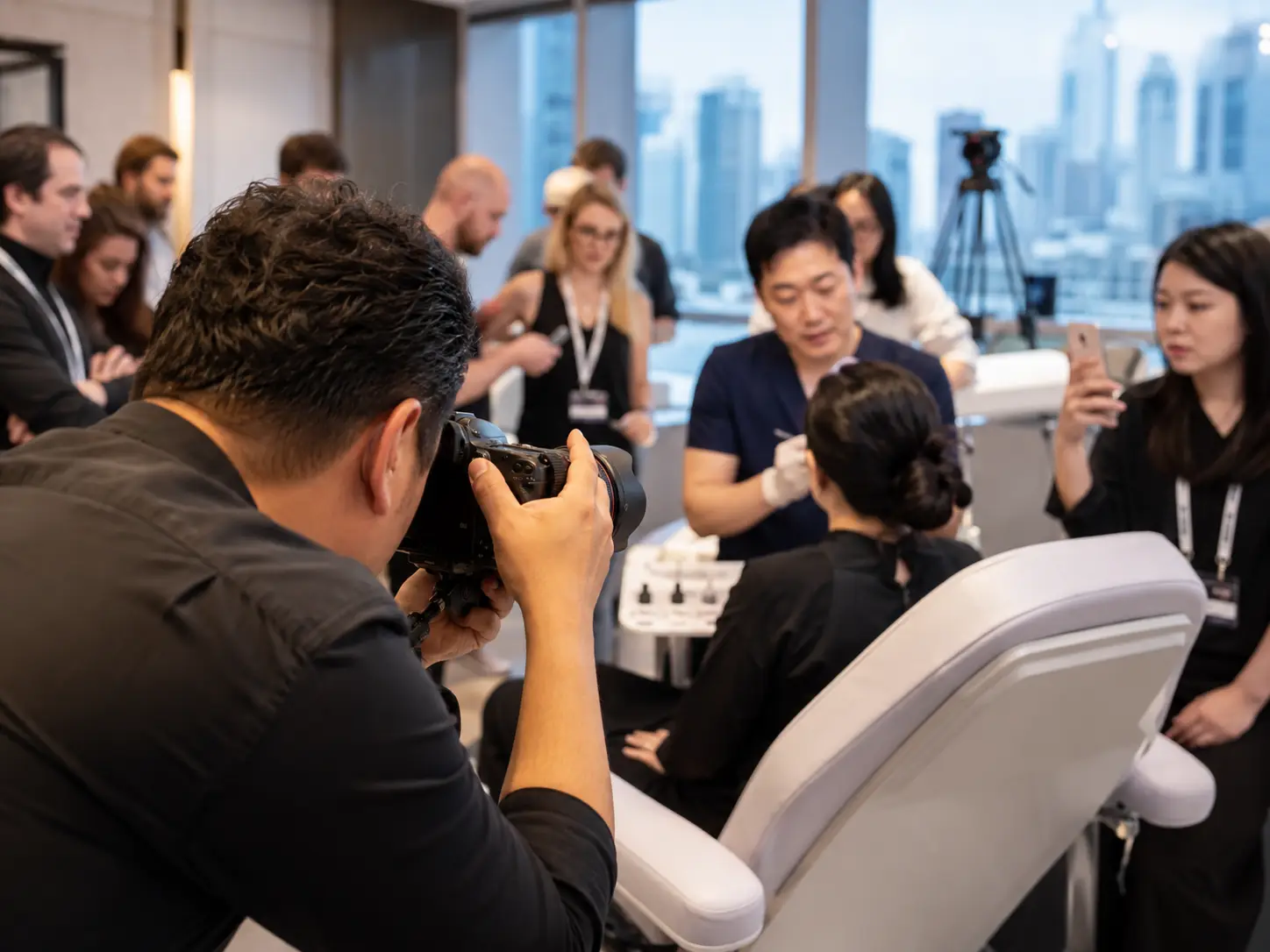 A participant in consultation in a meeting room overlooking Seoul