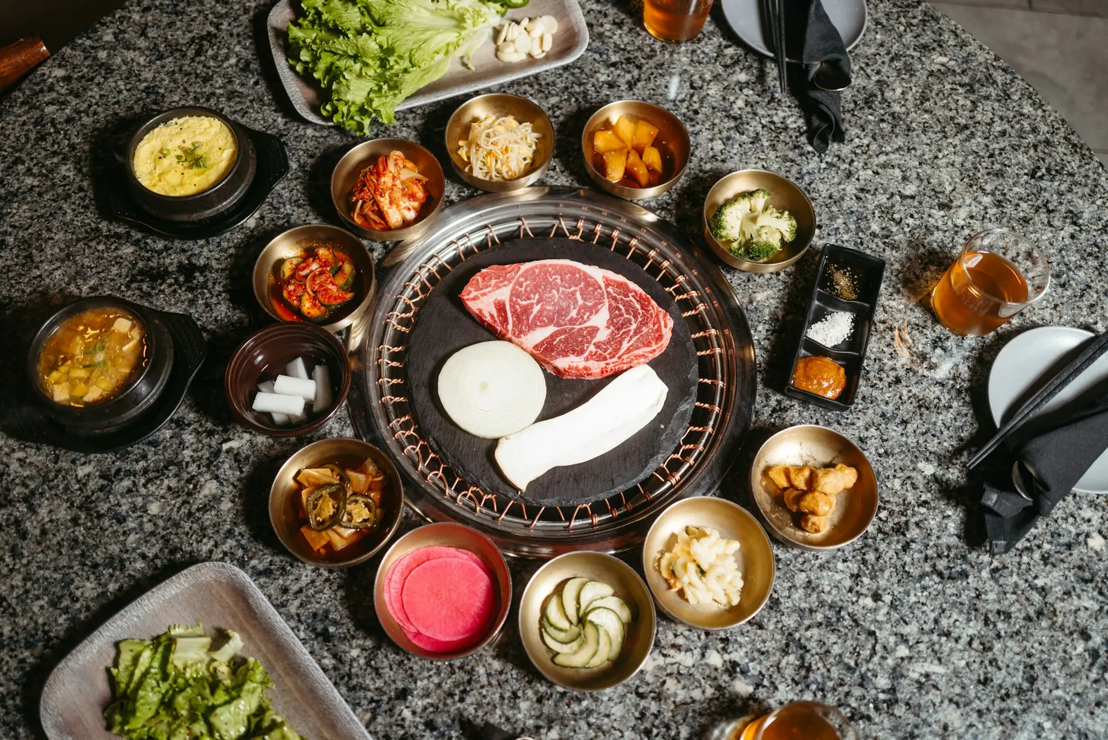 A table set with a Korean course meal