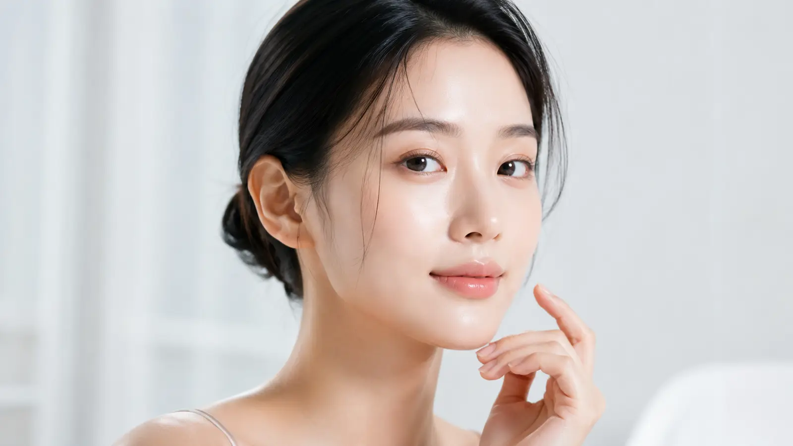 Portrait of a K-beauty model photographed in a natural-light studio