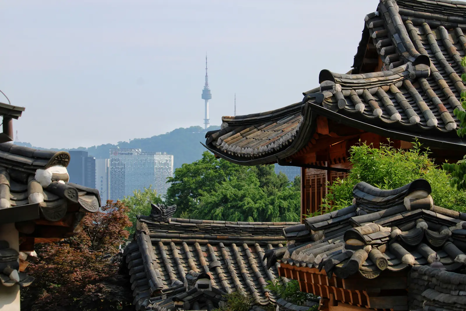 Seoul skyline with N Seoul Tower seen beyond the tiled roofs of Bukchon